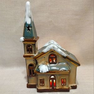 VTG Collectable Glazed Pottery Snow Covered Church Candle Holder